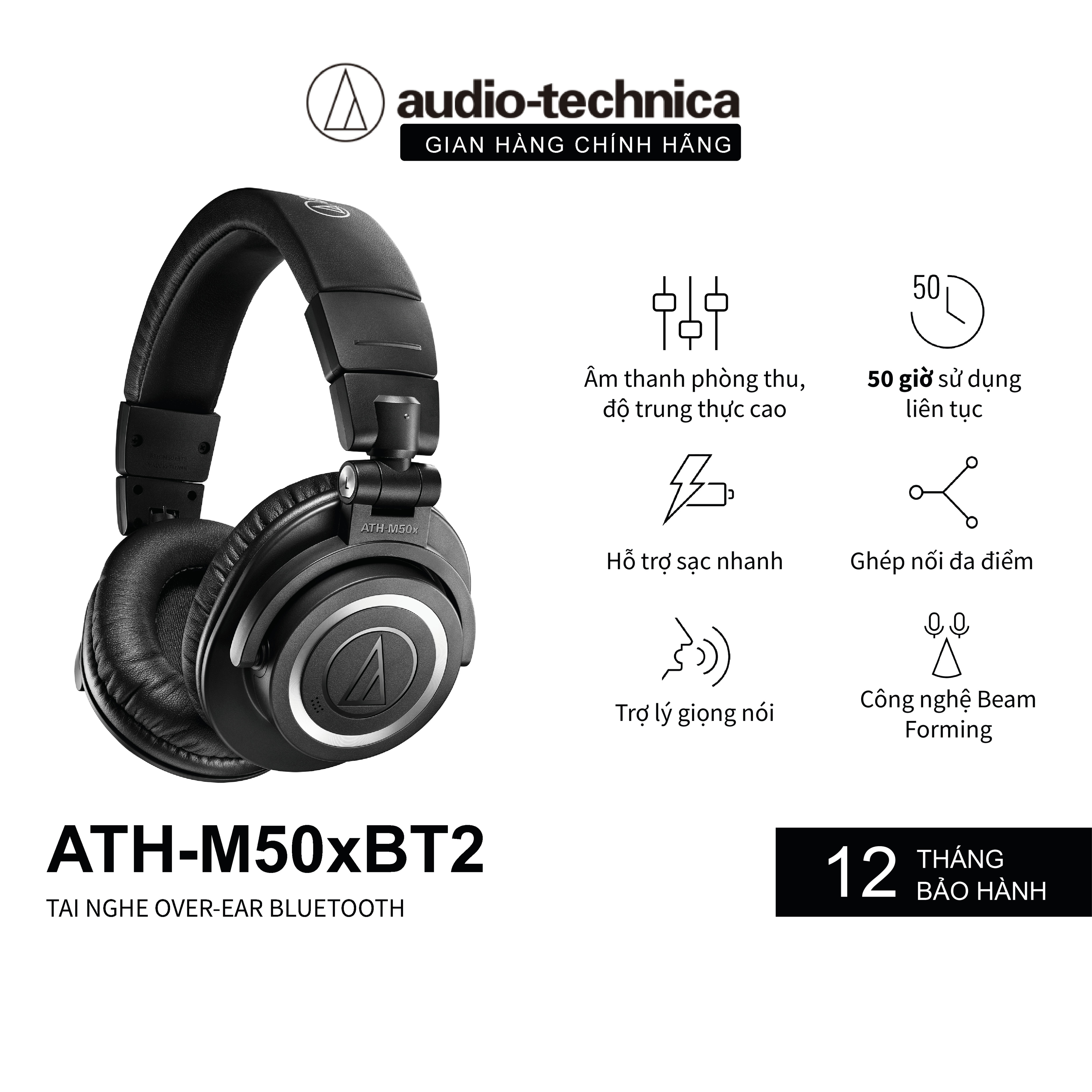 Tai nghe bluetooth choàng đầu kiểm âm over ear audio technica ath-m50xbt2 – hàng chính hãng