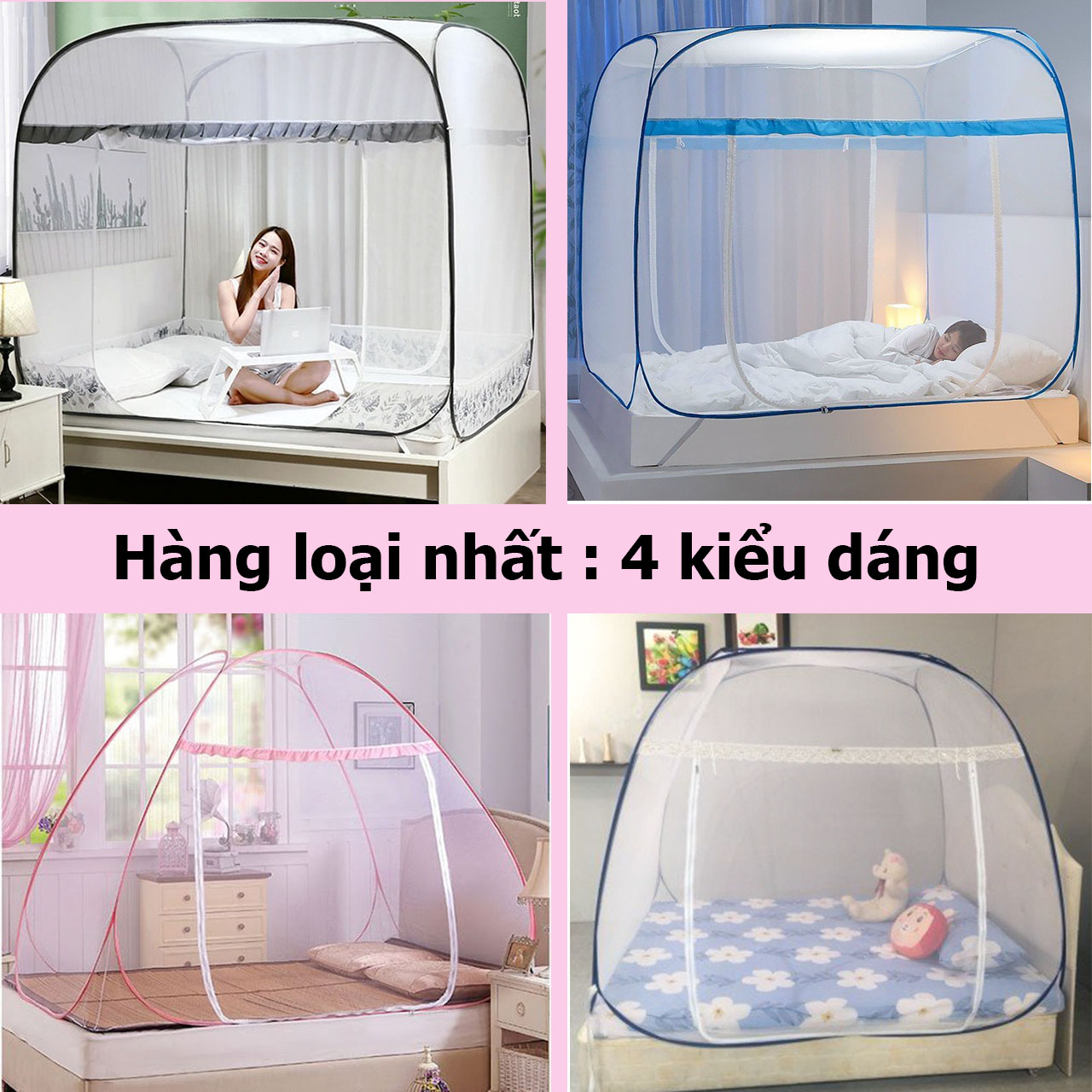 Mùng Chụp Tự Bung gọng dẻo, độ bền cao, uốn cong theo ý người sử dụng., lỗ đủ nhỏ để muỗi không thể vào
