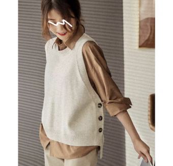 MS846 Áo gile len nữ xẻ tà vạt cao thấp cúc sườn Hàn Quốc