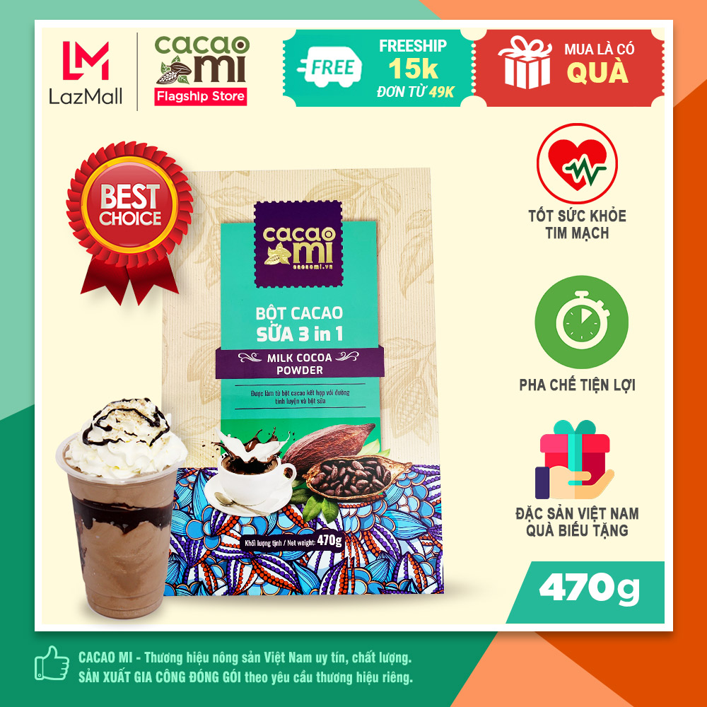 Bột ca cao sữa hoà tan 3in1 thơm ngon CACAOMI pha trà sữa chocolate sô cô la nóng chuẩn vị cacao nguyên chất, đặc sản Việt Nam làm quà biếu tặng 470g