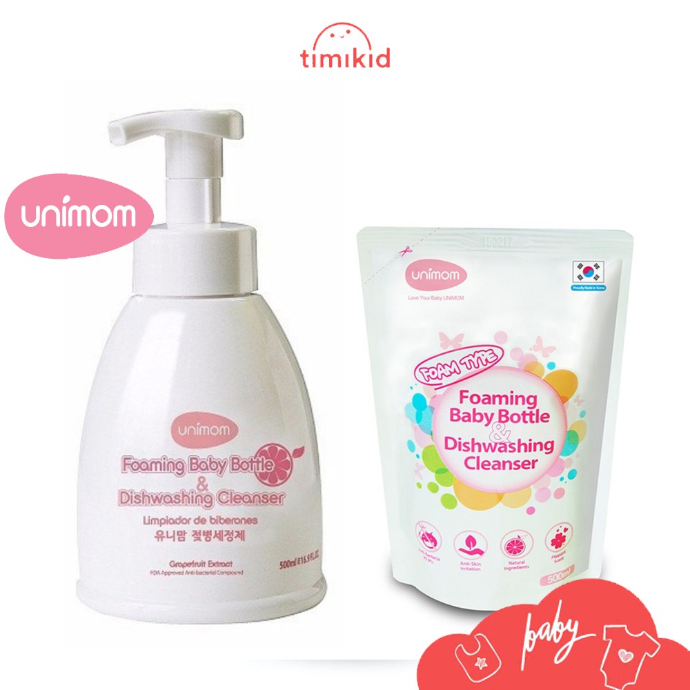 Nước rửa bình sữa unimom chai, túi 500ml - timikid store - an toàn cho bé