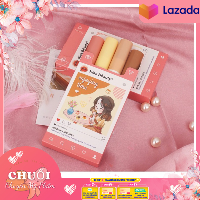 Set 4 Son Kem Kiss Beauty Enjoying Time | Set Son Kiss Me Lipgloss Set Son Kem Lì Kiss Beauty