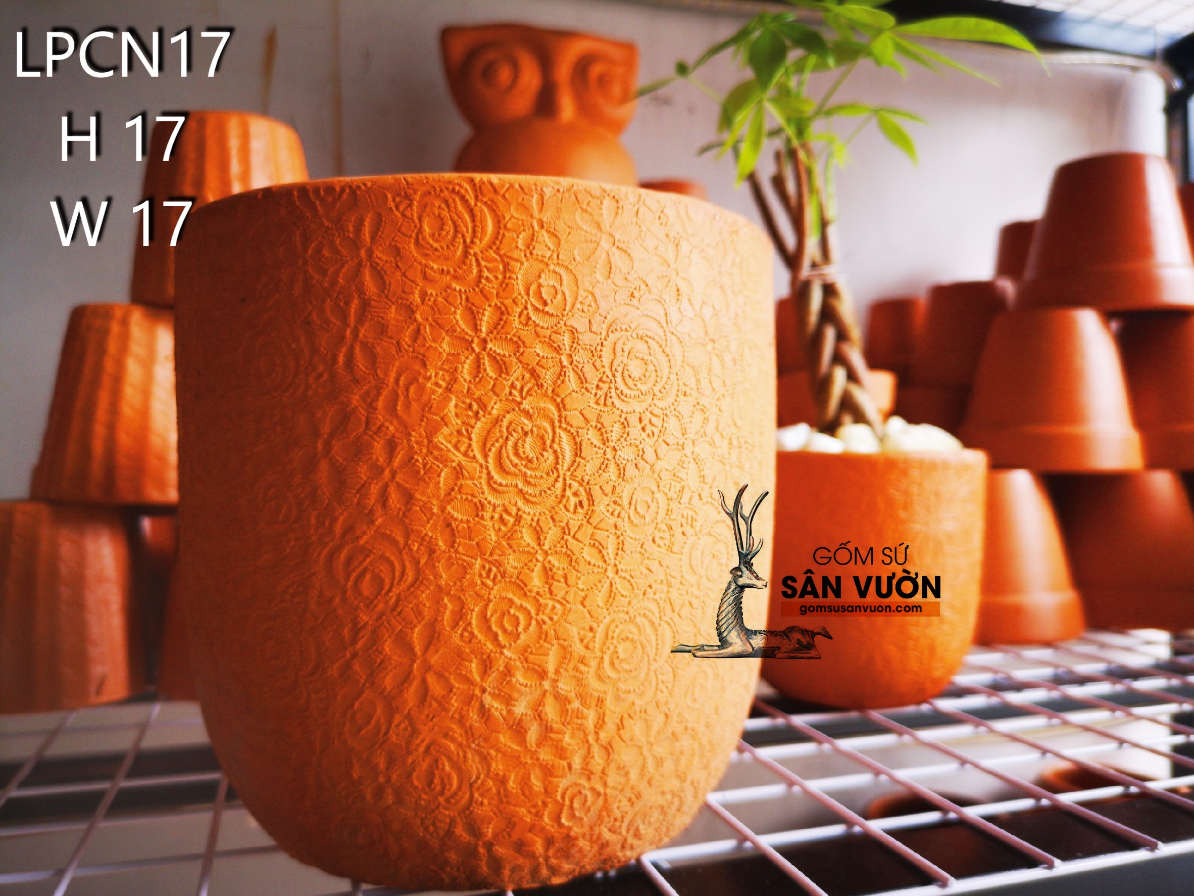 Chậu gốm đất nung kiểu TRỨNG VÂN HOA HỒNG size 17cm LPCN17-17 (1 cái) - Màu gốm đỏ , chậu trồng cây,