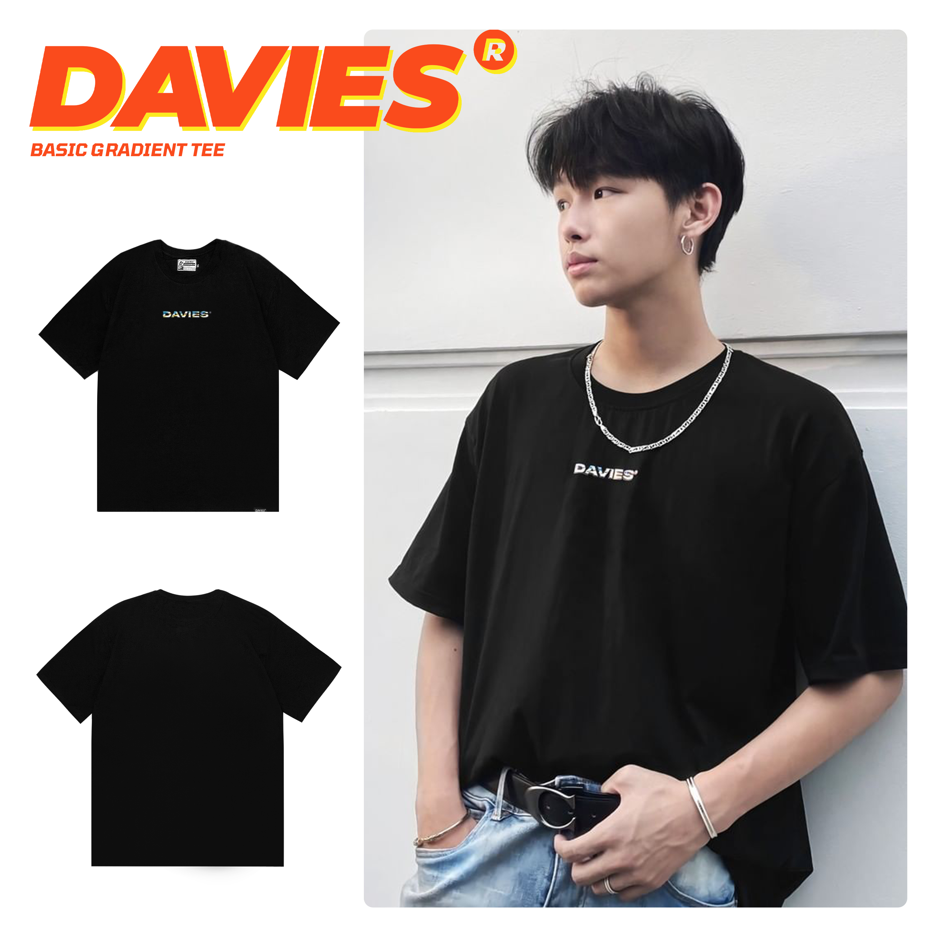 Áo thun nam nữ tay lỡ form rộng màu đen DAVIES - Basic Gradient Tee