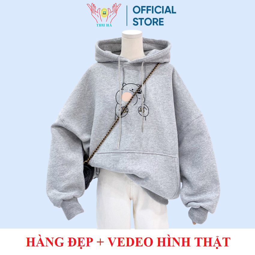 Áo nỉ có mũ in hình gấu  nam nữ mặc  đều đẹp vải mềm mịn.