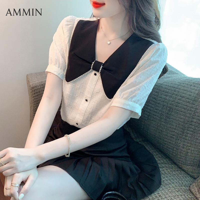 Ammin áo sơ mi nhỏ cá tính mới 2022 áo có ve nơ màu tương phản thời trang áo sơ mi voan công sở thường ngày tay ngắn