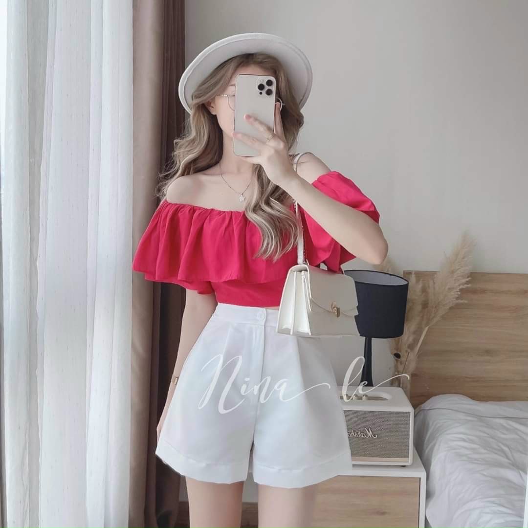 Set áo nữ trễ vai nhún bèo kèm quần ngắn chất vải cao cấp form dáng chuẩn siêu xinh thời trang nữ dạo phố đi chơi