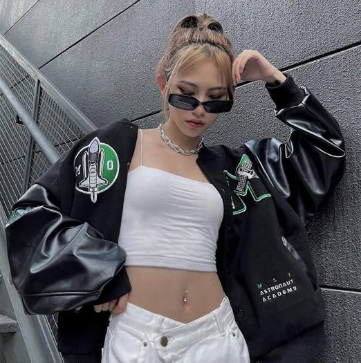 Áo bomber cúc bấm tay da chữ M phom rộng thời trang hàn quốc