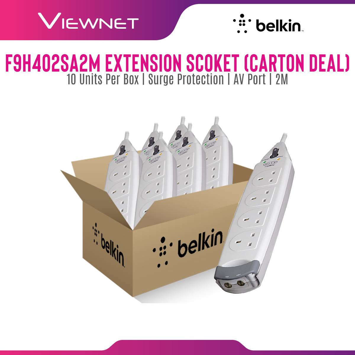 [Carton Deal] Belkin F9H402sa2M-MY 4 Way Surge With Ariel Protection - 2 Meter (10 Units Per Box)