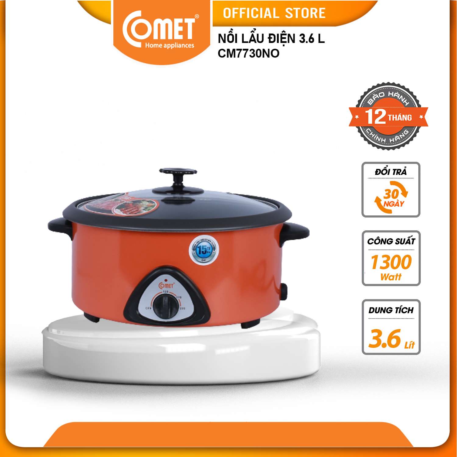 Lẩu điện đa năng COMET CM7730 - Dung tích 3.6L - Công suất 1300W - Bảo hành 12 tháng - Hàng Chính Hãng