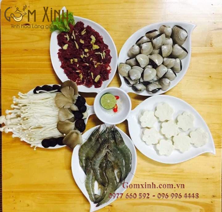 Bộ đĩa hoa Bát Tràng Lá Xoài 5 cánh men trắng