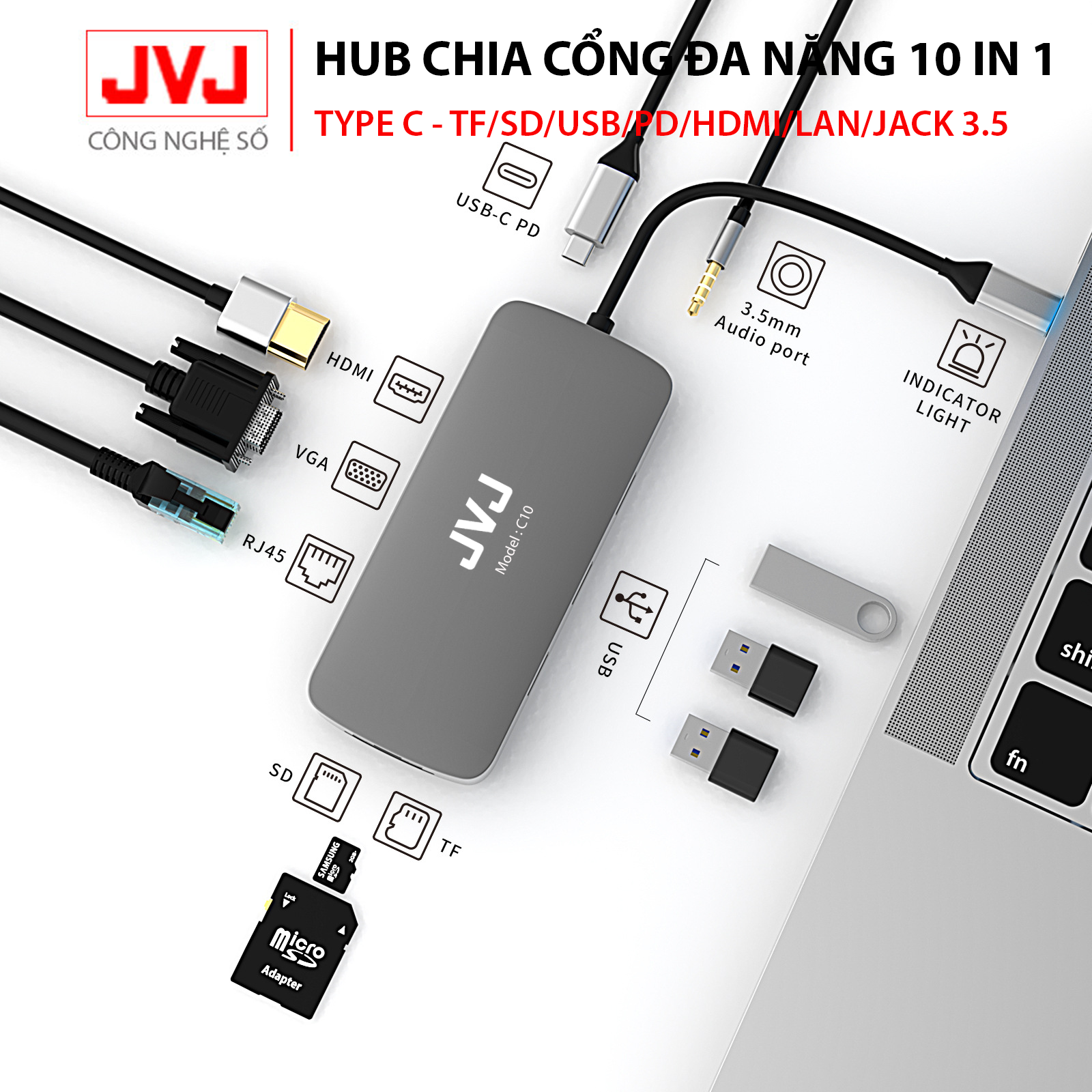 Bộ chuyển đổi Hub Type-C JVJ BYL-2110 C10 đa năng  sang HDMI 4k, VGA, USB-C 3.0 Type C 3.5mm, dùng cho MacBook, Dell XPS 13 thiết bị hỗ trợ USB type C Cổng USB 3.0 4K HD- Bảo hành 2 năm
