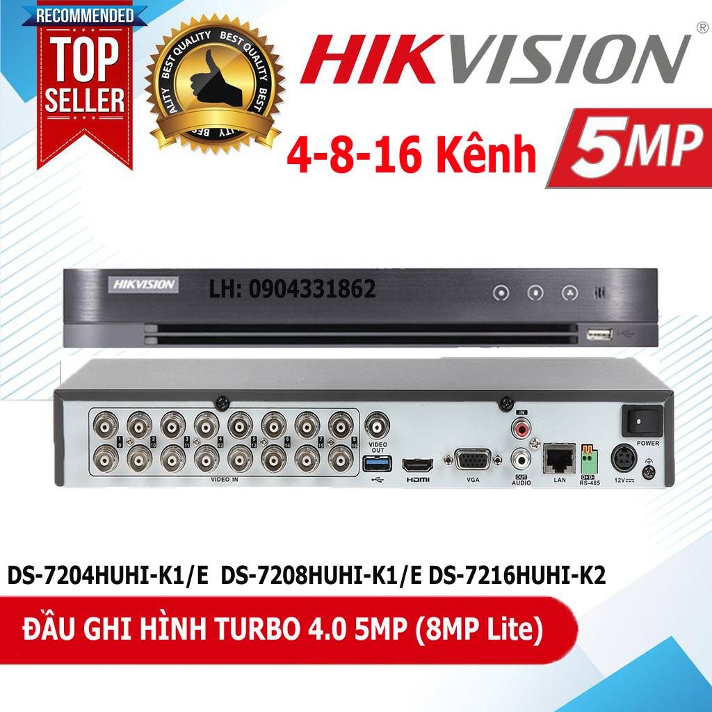 Đầu ghi Camera 5.0Mb hikvision hỗ trợ 6 loại camera: HDTVI 5MP/HDCVI/AHD, cam IP. DS-7204HUHI-M1/E iDS-7208HUHI-M1/E7, 216HUHI-M2/S, ( HUHI )