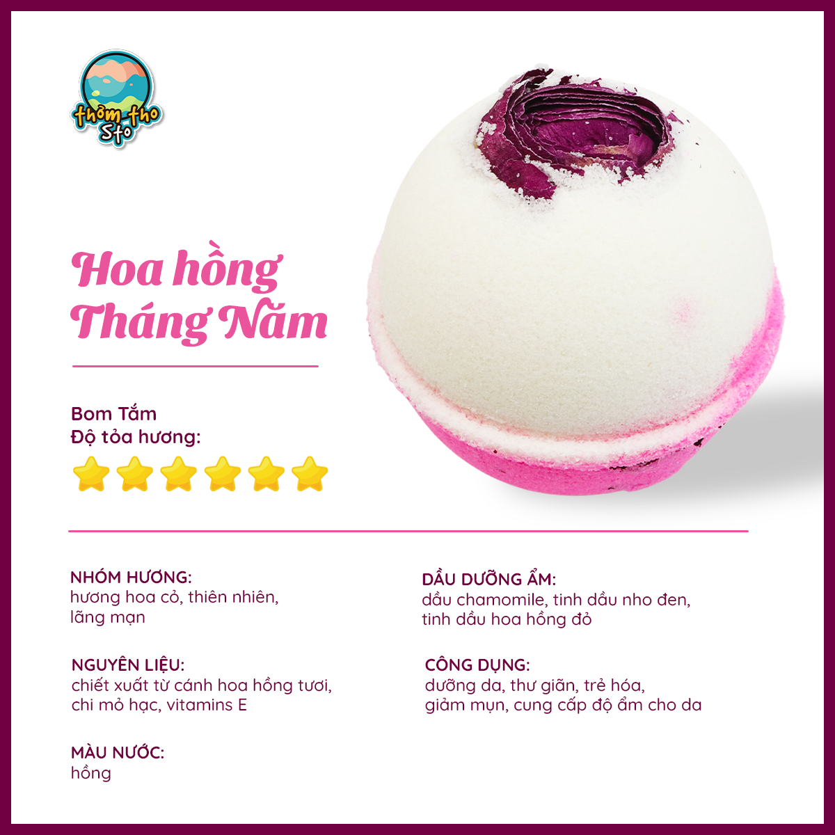 Bom tắm, Thơm Tho Sto, viên sủi bồn tắm sủi màu sắc HOA HỒNG THÁNG NĂM bath bomb, 170 gram