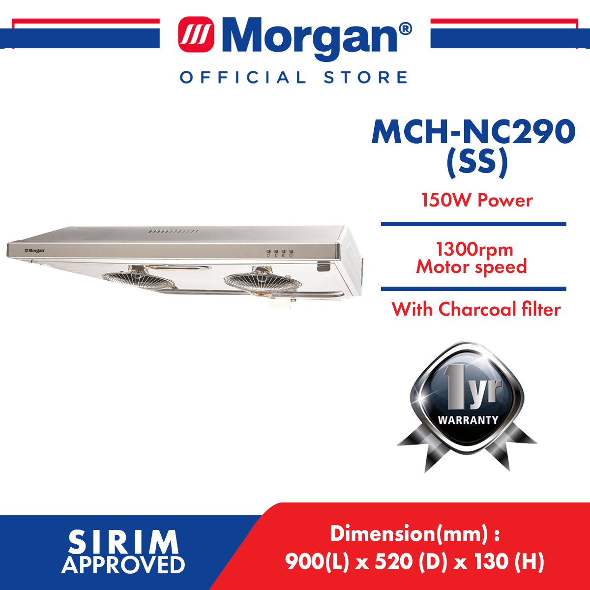 MORGAN MCH-NC290(SS) STAINLESS STEEL RANGE HOOD 90CM/900M3