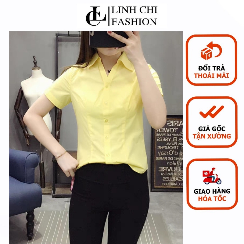 SƠ MI VÀNG TAY NGẮN VẢI KATE Ý BAO ĐẸP   lưu ý form nhỏ nên vui lòng xem trước bảng size để chọn  nhé các nàng