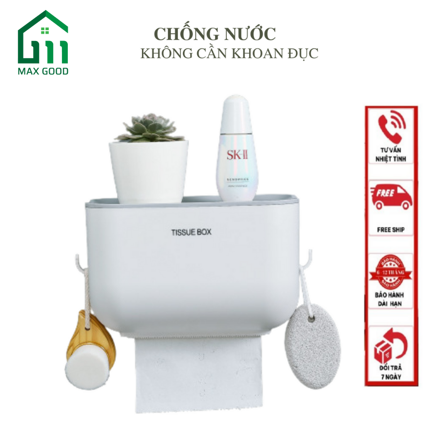 Hộp đựng giấy nhà vệ sinh giúp chống ướt giấy kèm kệ để đồ thông minh(đã bao gồm miếng dán phía sau)