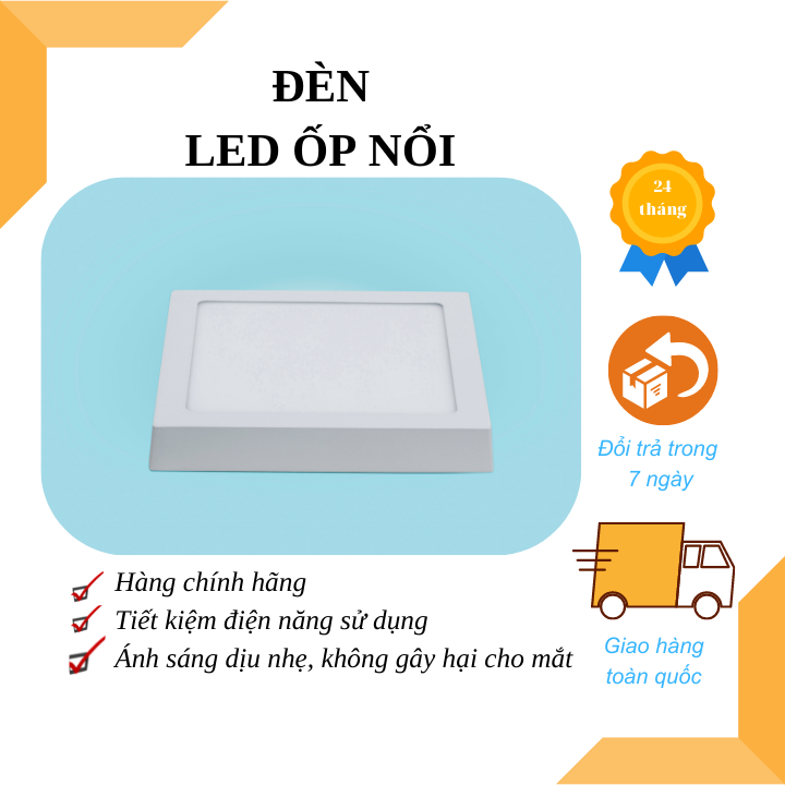 Đèn Led ốp nổi cao cấp vuông 18W đường kính 21cm thích hợp diện tích từ 8 tới 10 m2, giá tốt, bảo hành 24 tháng
