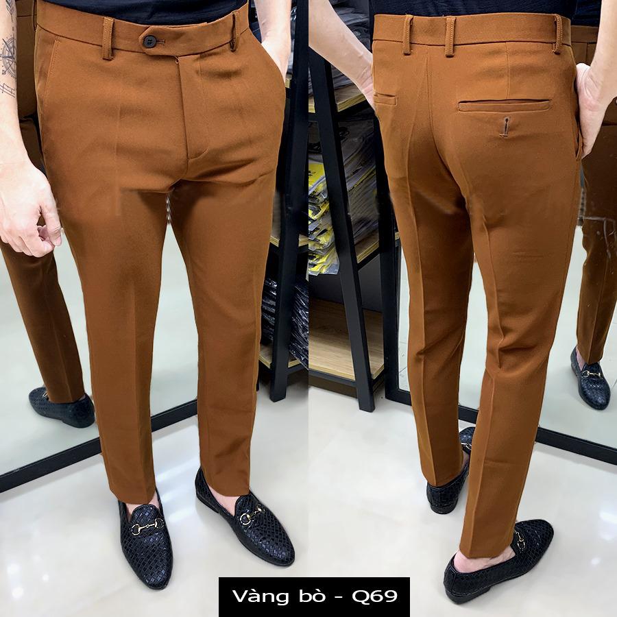 Quần âu nam VÀNG BÒ ống côn thêu họa tiết vải lụa co giãn,quần tây nam không nhăn không xù