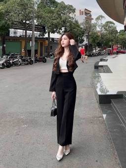 Set 3 Món Áo Khoác Croptop Phối Áo Trong Kèm Quần Dài Ống Rộng Thời Trang, Set Bộ Nữ Vest Form Dài Phối Áo Lót Trong Với Tone Màu Đen Basic