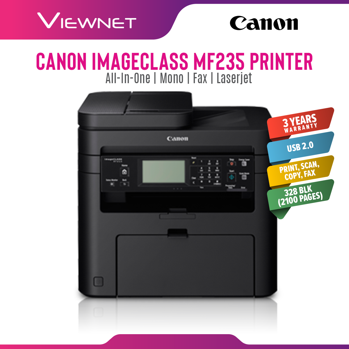 Canon  imageCLASS MF235 Compact All-in-One Mono Printer (Print, Copy, Scan, Fax) with ADF, Print, Scan, Copy, Fax