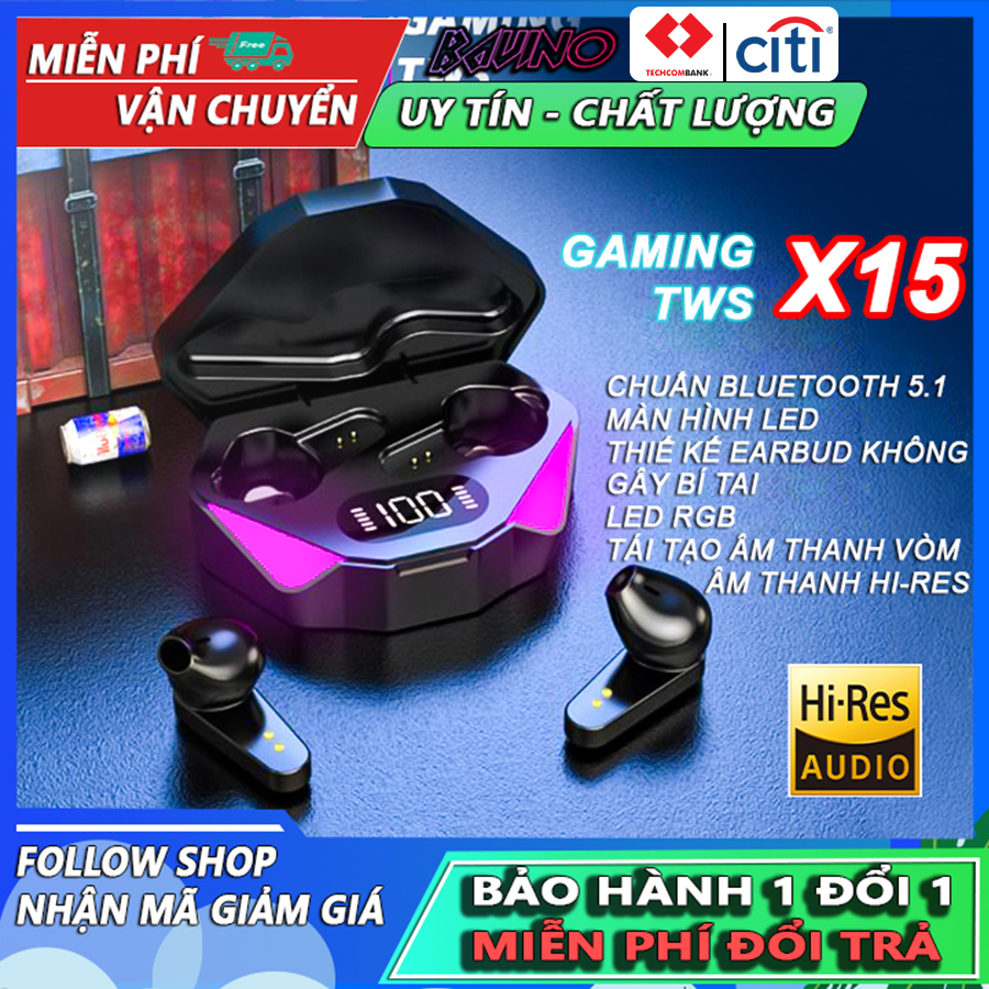 Tai nghe gaming x15, chuẩn bluetooth 5.1, gaming mode chơi game không delay, thiết kế LED RGB đổi màu, tai nghe cho game thủ