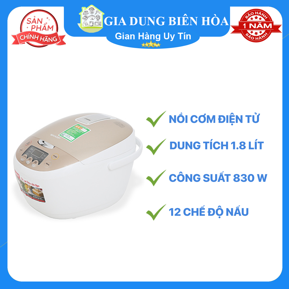 Nồi cơm điện tử Sharp KS-COM181CV-GL-hàng chính hãng-trưng bày va mới-Số người ăn 4 - 6 người Công suất:  830 W Lòng nồi dày:  1.8 mmHợp kim nhôm phủ chống dính Điều khiển:  Nút nhấn có màn hình hiển thị Tiệ