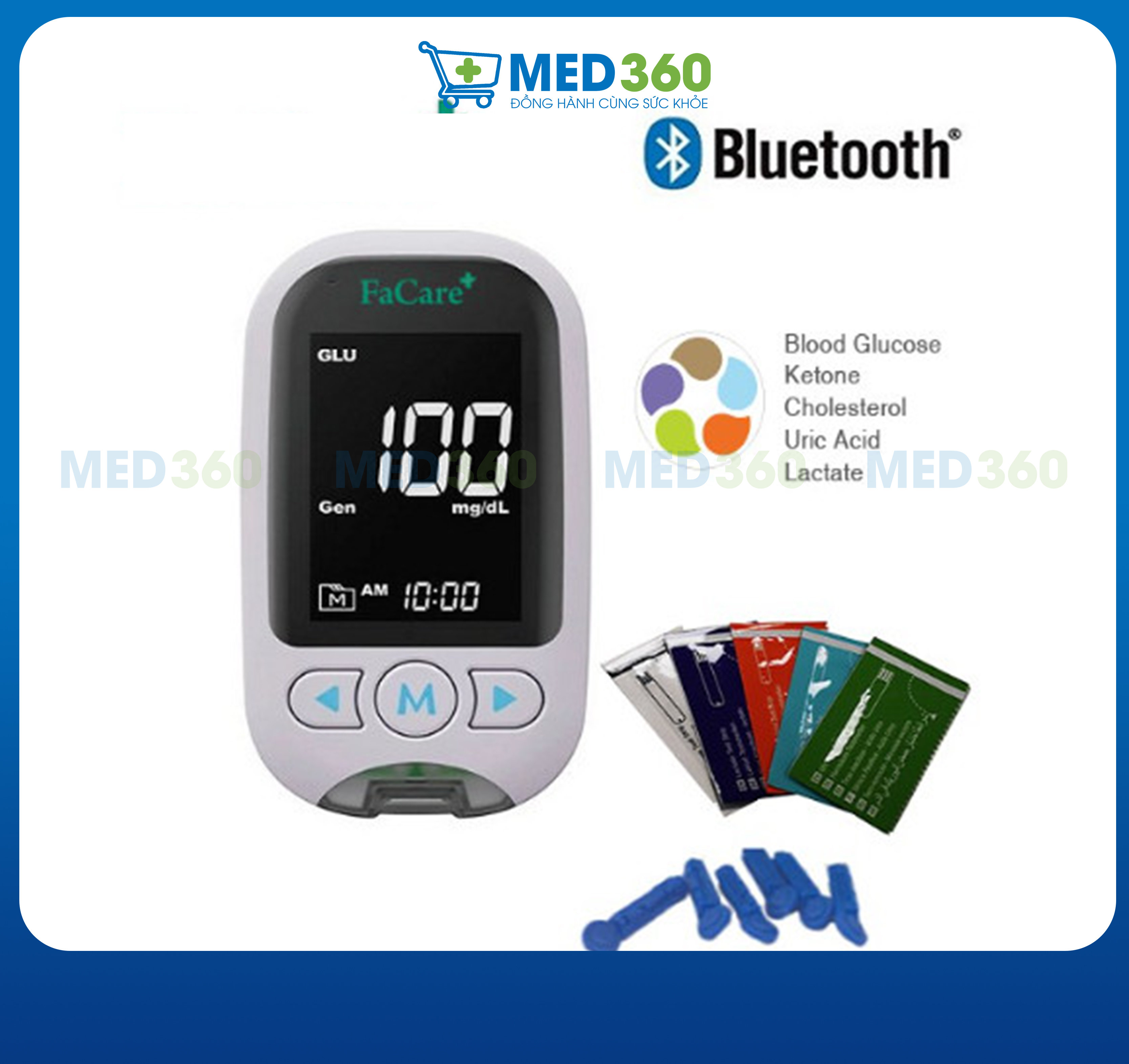 Máy đo đường huyết, gout, mỡ máu 5 trong 1 facare fc-m168 bluetooth - tbyt med360