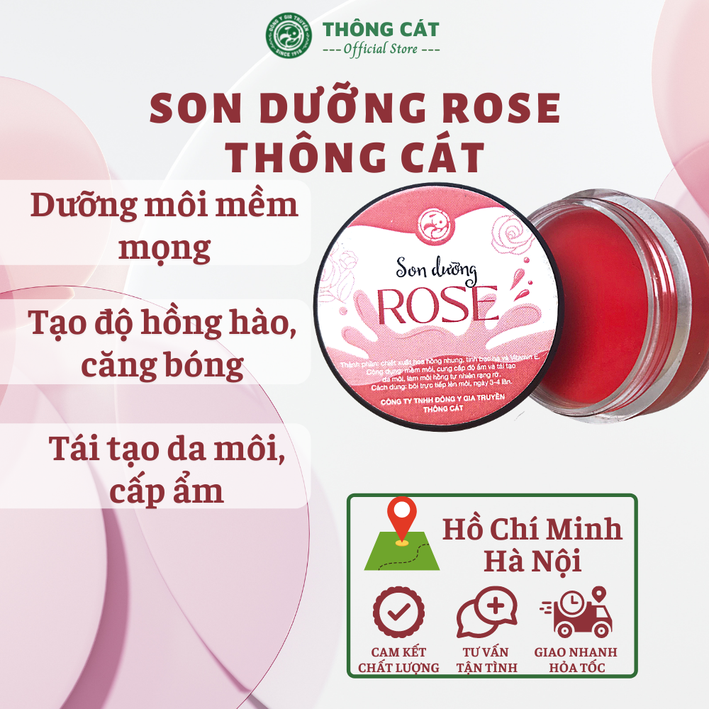 Son Dưỡng Rose THÔNG CÁT - Son dưỡng môi giúp mềm môi, cung cấp độ ẩm, tái tạo da môi làm môi luôn mềm mọng, chiết suất hoa hồng nhung giúp đôi môi thơm mịn, quyến rũ
