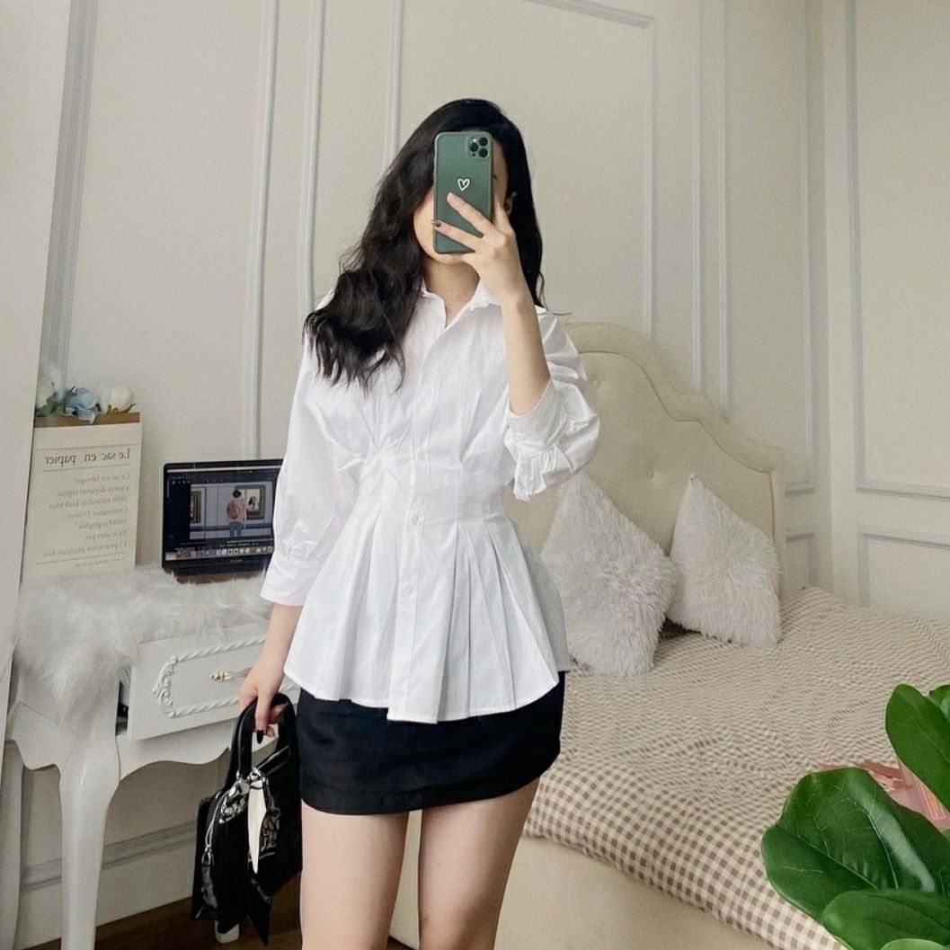 Áo sơ mi nữ trắng công sở nhúm eo dáng xòe trẻ trung năng động