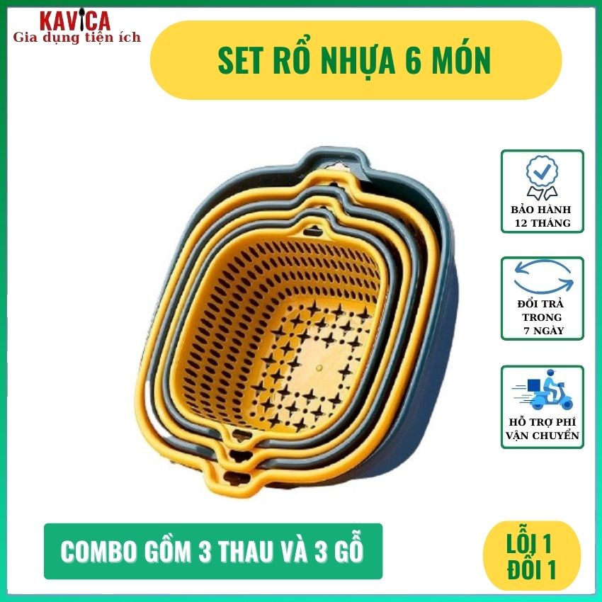 Rổ 6 món rửa hoa bộ sáu món thau rổ nhựa rửa rau củ quả rổ nhựa chữ nhật tròn tiện dụng - kavani