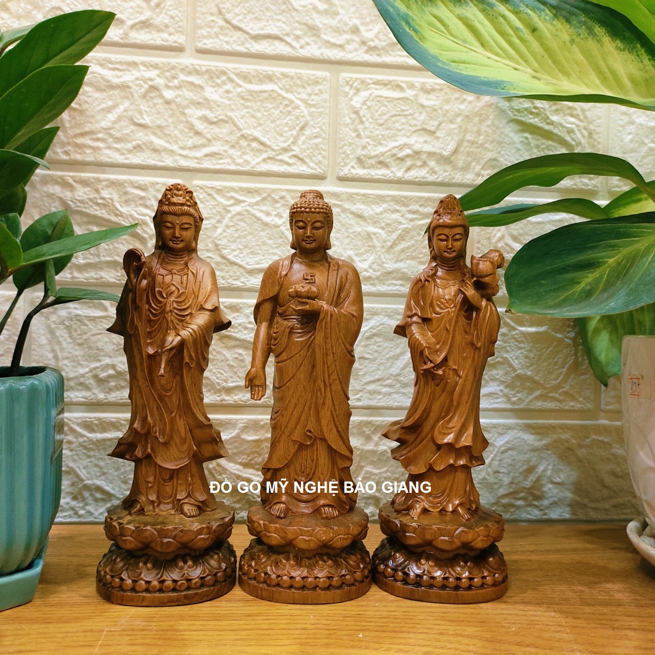 Bộ tượng tây phương tam thánh gỗ bách xanh cao 20 cm