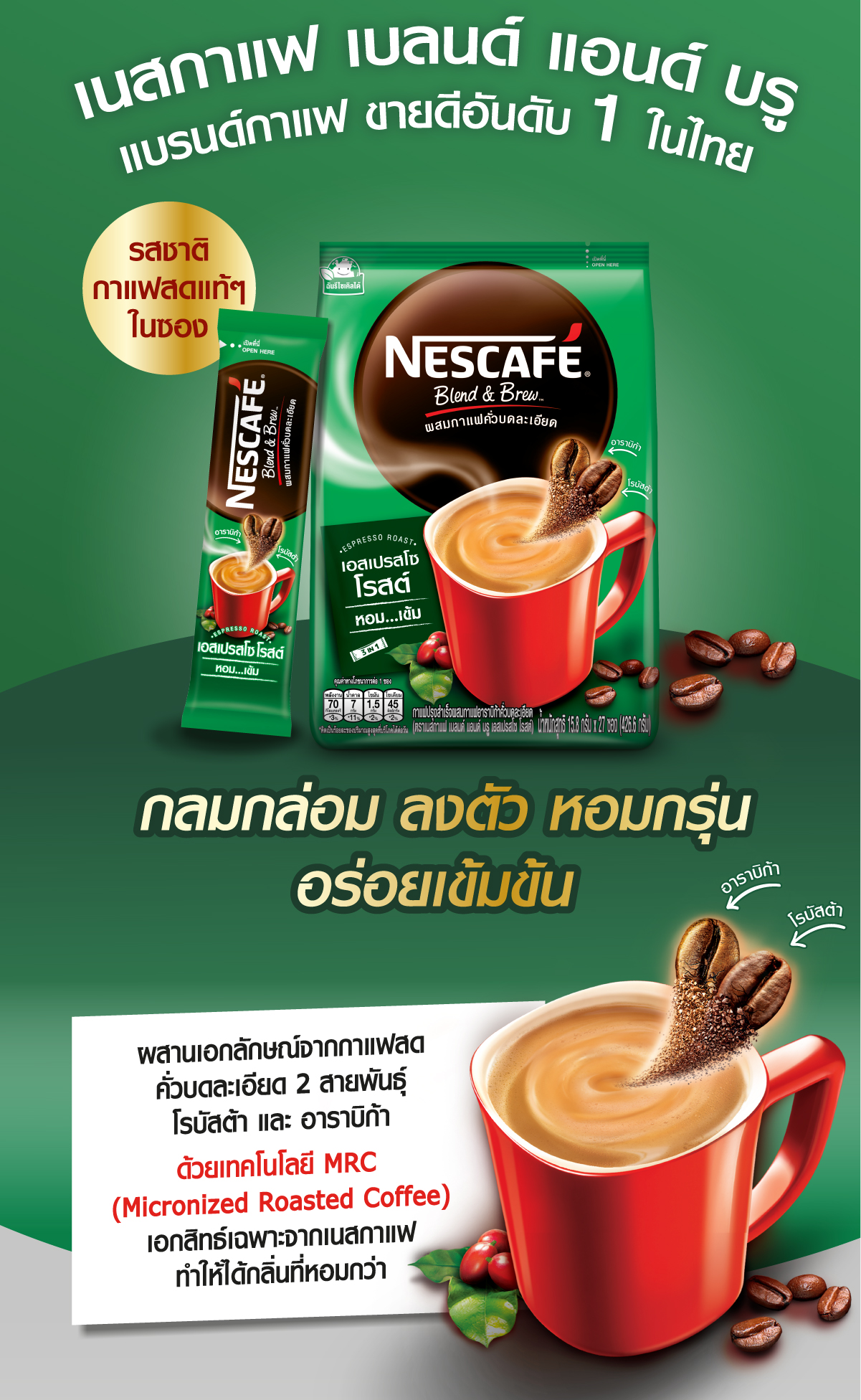 รายละเอียดเพิ่มเติมเกี่ยวกับ NESCAFÉ Blend & Brew Espresso Roast 3in1 Coffee เนสกาแฟ เบลนด์ แอนด์ บรู เอสเปรสโซ โรสต์ กาแฟ 3อิน1 40 ซอง (แพ็ค 2 ถุง) [ NESCAFE ]