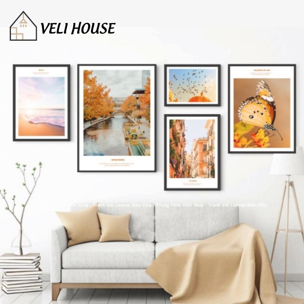 Bộ 5 tranh vải canvas treo tường bắc âu kcv79 - Thành phố cam - Kèm khung - Veli house