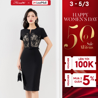 Đầm ôm công sở HeraDG thiết kế cổ V tay ngắn phối ren thân trên kèm đai eo rời SDPBC2071