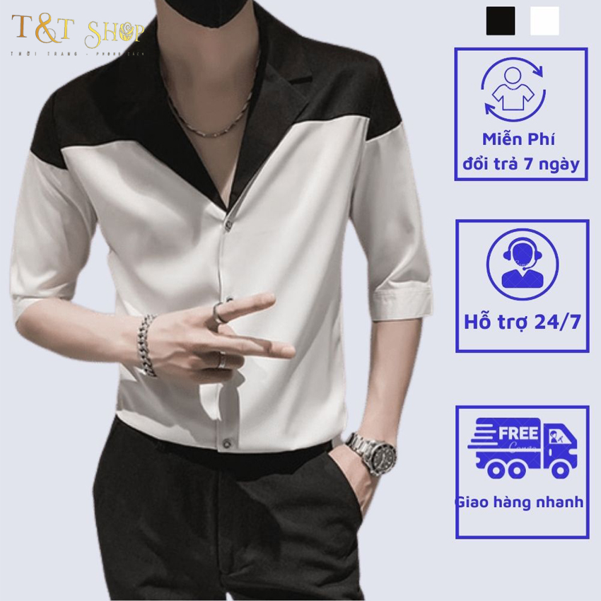 Áo sơ mi tay ngắn nam sơ mi cổ vest tay lỡ, chất vải lụa mịn chống nhăn phong cách trẻ trung độc lạ T1