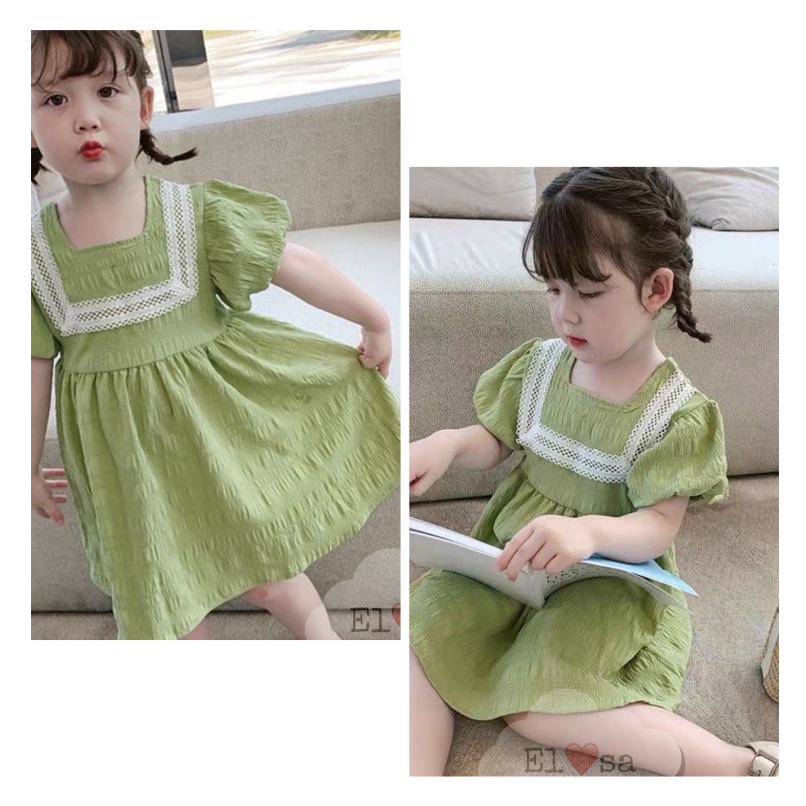 Đầm xinh bé gái - Váy Babydoll phối ren ngực vải đũi xốp 2 màu xanh, hồng cho bé 8-18kg