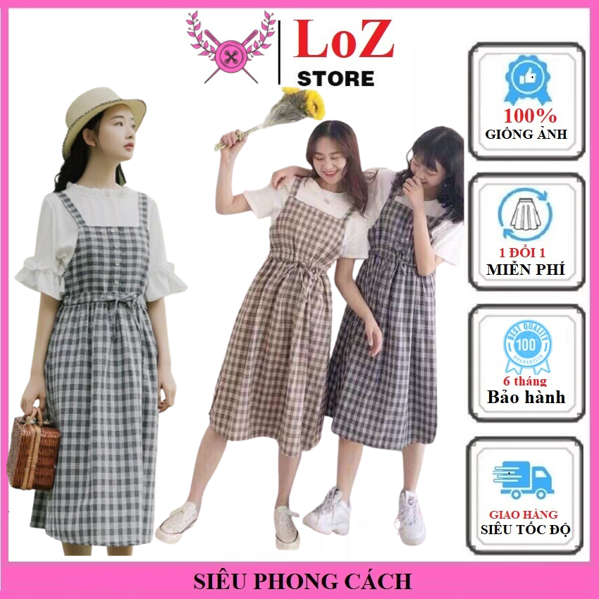 BIG SALE -  yếm váy rút eo kẻ màu (kèm ảnh thật )