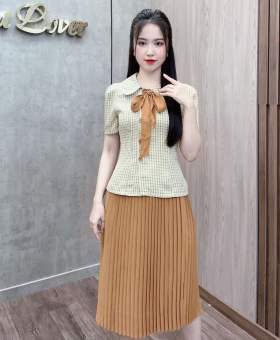 Set Bộ Đồ Nữ Áo Sơ Mi Cổ Đức Phối Nơ Mix Chân Váy Xếp Ly Thiết Kế Tôn Dáng Sang Xịn Mịn Set áo công sở EvaLover