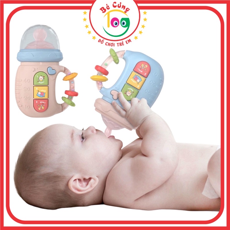 [TẶNG PIN] Đồ Chơi Gặm Nướu Núm Silicon Bình Sữa Nhựa ABS Cao Cấp An Toàn, Có Lục Lạc Và Đèn Nhạc Vui Nhộn Dành Cho Bé