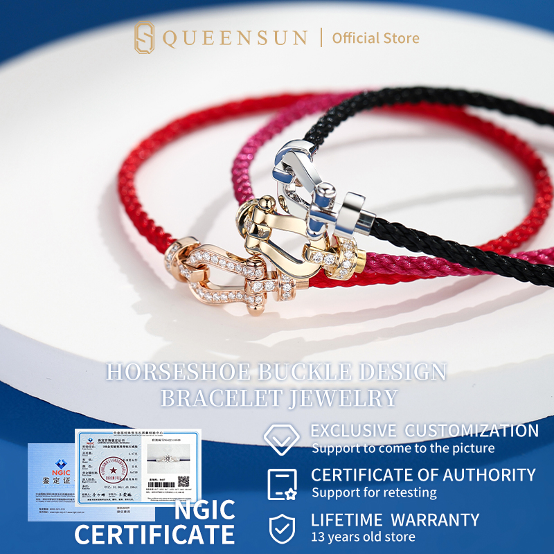 Queensun 18K gold lab diamond hoof buckle Hand rope, zodiac year transfer, red rope, sailing buckle, couple diamond bracelet 情侣钻石手链Light luxury，Bracelet for women jewelry gift