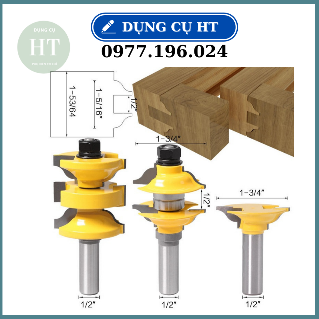 Bộ 3 mũi phay gỗ ghép ván dày - Mũi soi gỗ cốt 12ly7 Dành cho ván có độ dày35 - 45mm