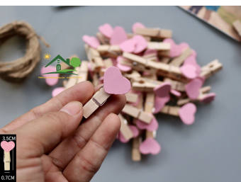 Bộ 50 kẹp gỗ trái tim treo hình ảnh tặng 5 mét dây thường có 10 màu chọn lựa size 3.5x0.7cm