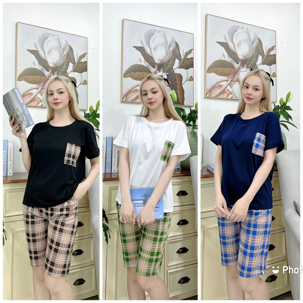 Set bộ thun cotton lửng caro kèm áo phối túi caro mặc nhà dành cho nữ