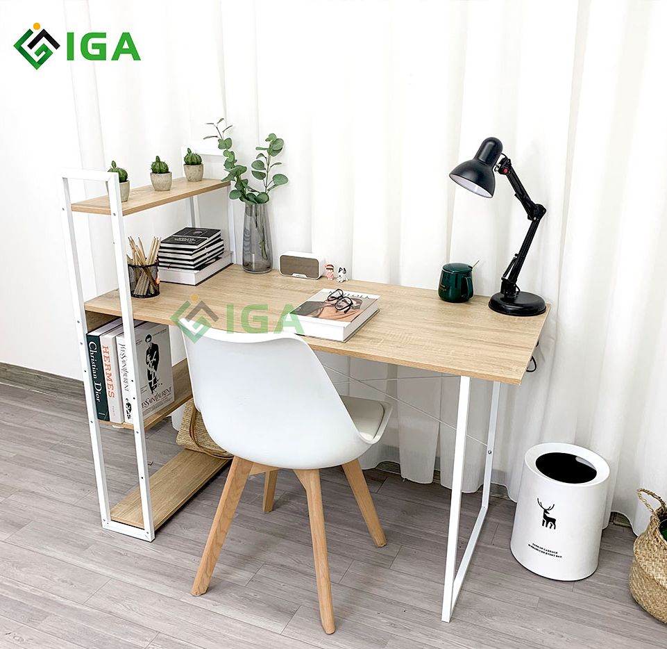 Bàn Làm Việc Hiện Đại Khung Sắt Chống Dỉ, Bàn Làm Việc Kèm Kệ Sách Thương Hiệu IGEA - GM12