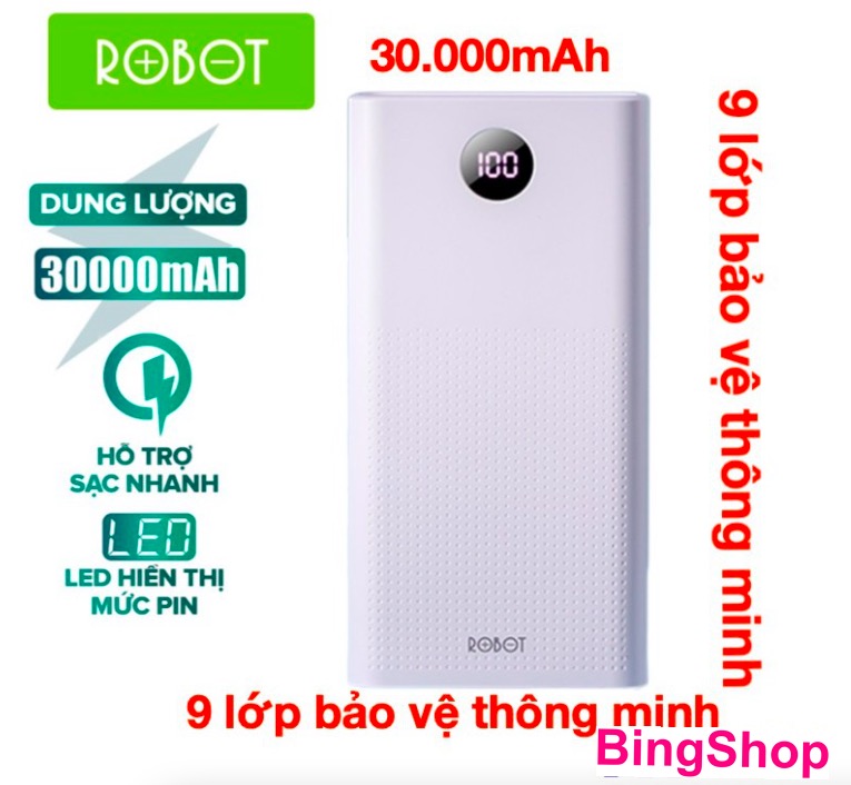 Hot Deals - Sạc Dự Phòng ROBOT RT30 30000mAh Sạc nhanh 22.5W Chuẩn Quick Chare 3.0 (In / Out Type-C) 2 cổng vào & 3 cổng ra đèn LED hiện thị mức PIN - Hàng Chính Hãng