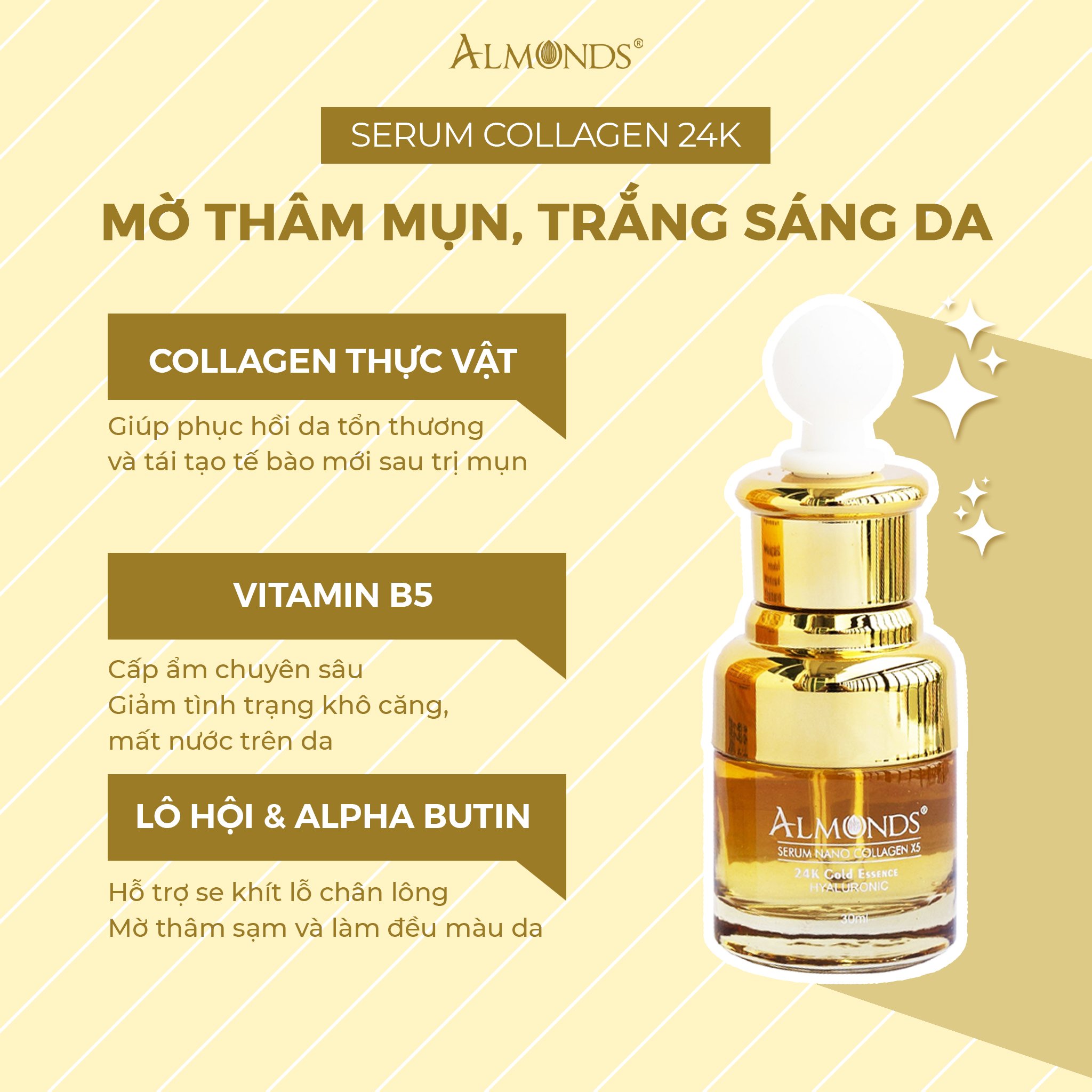 Serum giảm thâm mờ nám Collagen và vàng 24K Almonds 30ML