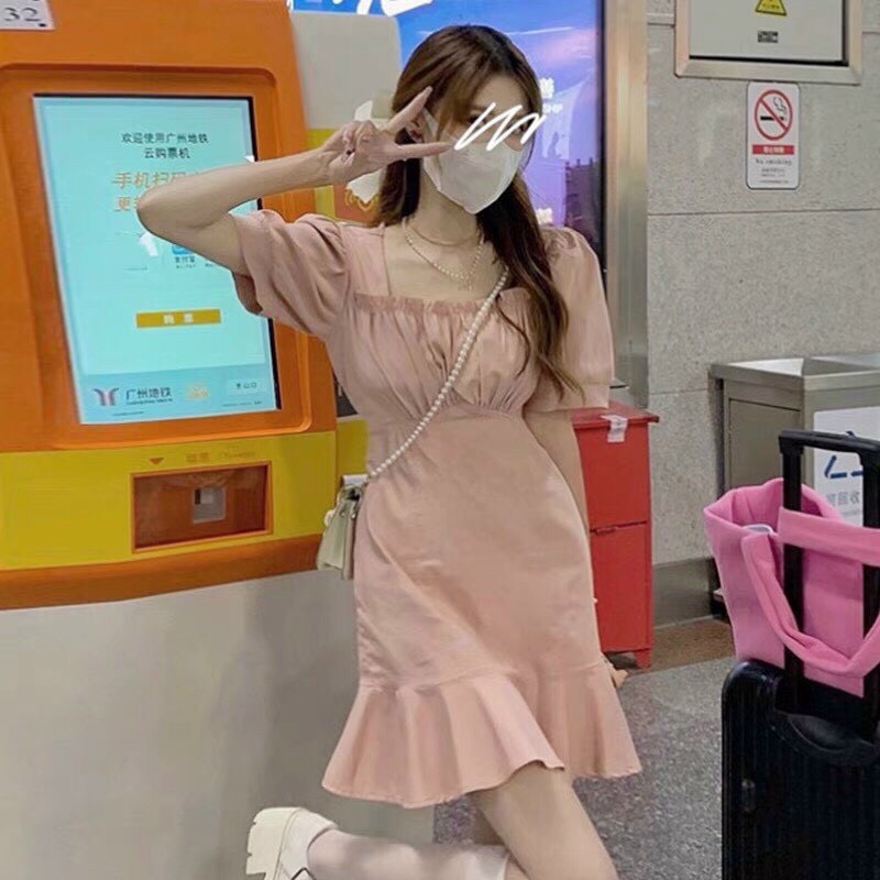 [ Voucher 50k Freeship Max 0 đồng toàn quốc ] Đầm tiểu thư cổ vuông tay phồng, đầm midi trơn dáng xòe, váy midi Hàn Quốc ôm eo xòe đuôi cá dễ thương mặc đi chơi - mtb