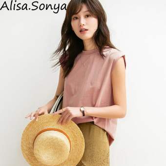 Alisa Áo Thun Cotton Sonya Áo Thun Dáng Rộng Không Tay Cổ Tròn Áo Nữ Đơn Giản Màu Trơn