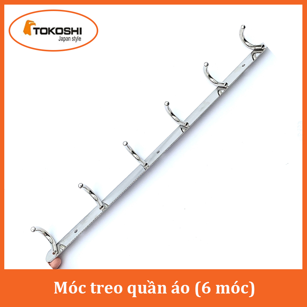 Thanh móc treo quần áo 6 móc inox 304 cao cấp sáng bóng - móc treo tường inox đa dụng nhà tắm nhà bếp